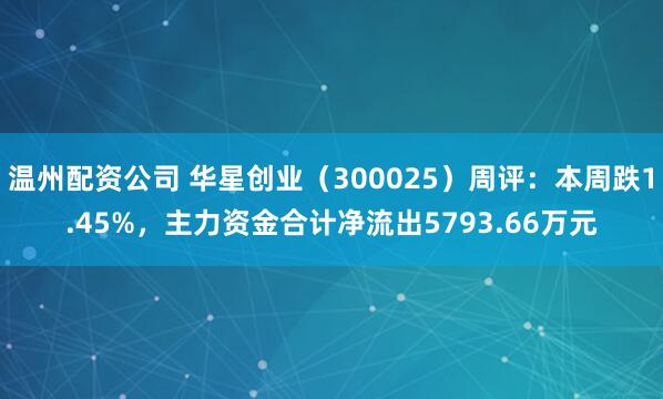 温州配资公司 华星创业（300025）周评：本周跌1.45%，主力资金合计净流出5793.66万元